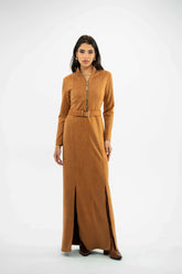 Belted Zip Dress in Camel