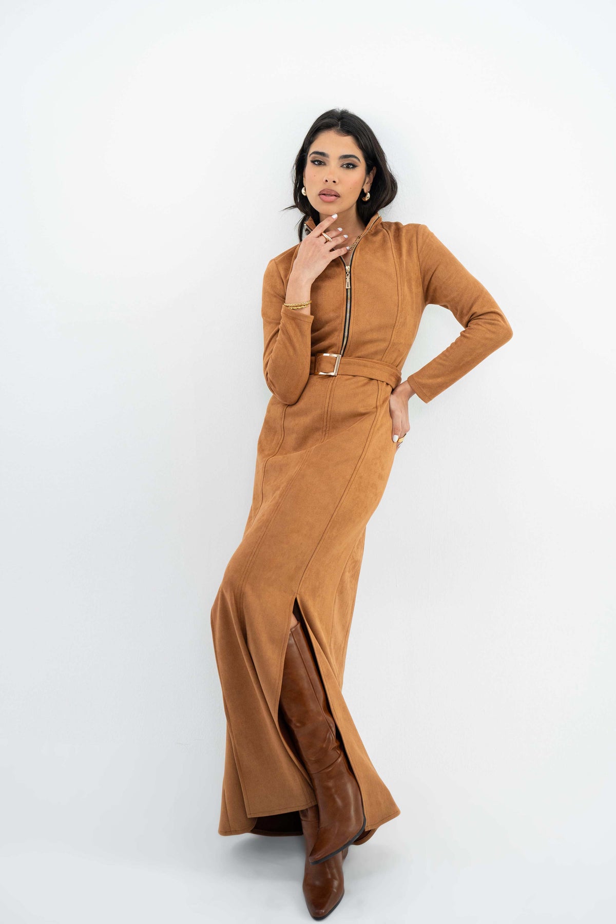 Belted zip dress in camel