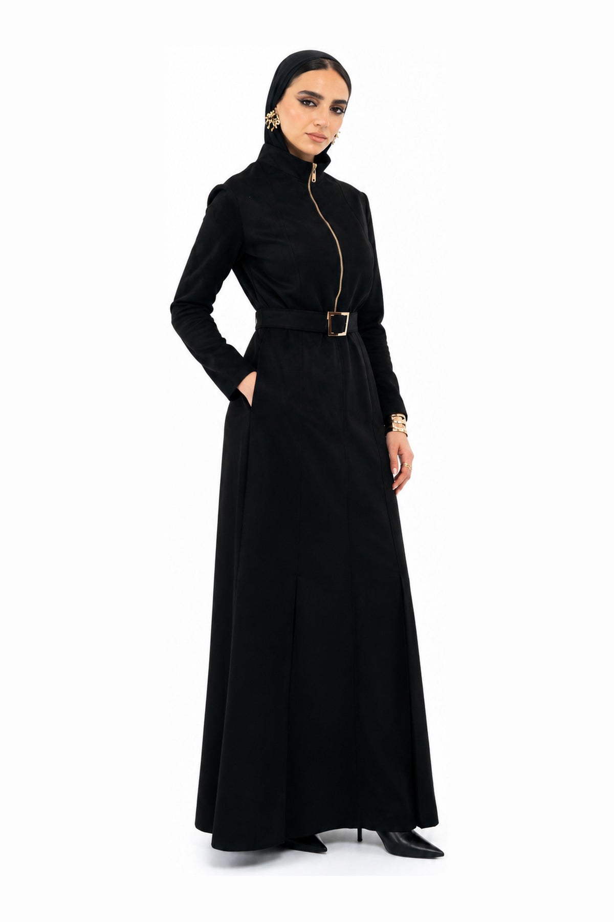 Belted zip dress in black — wujud