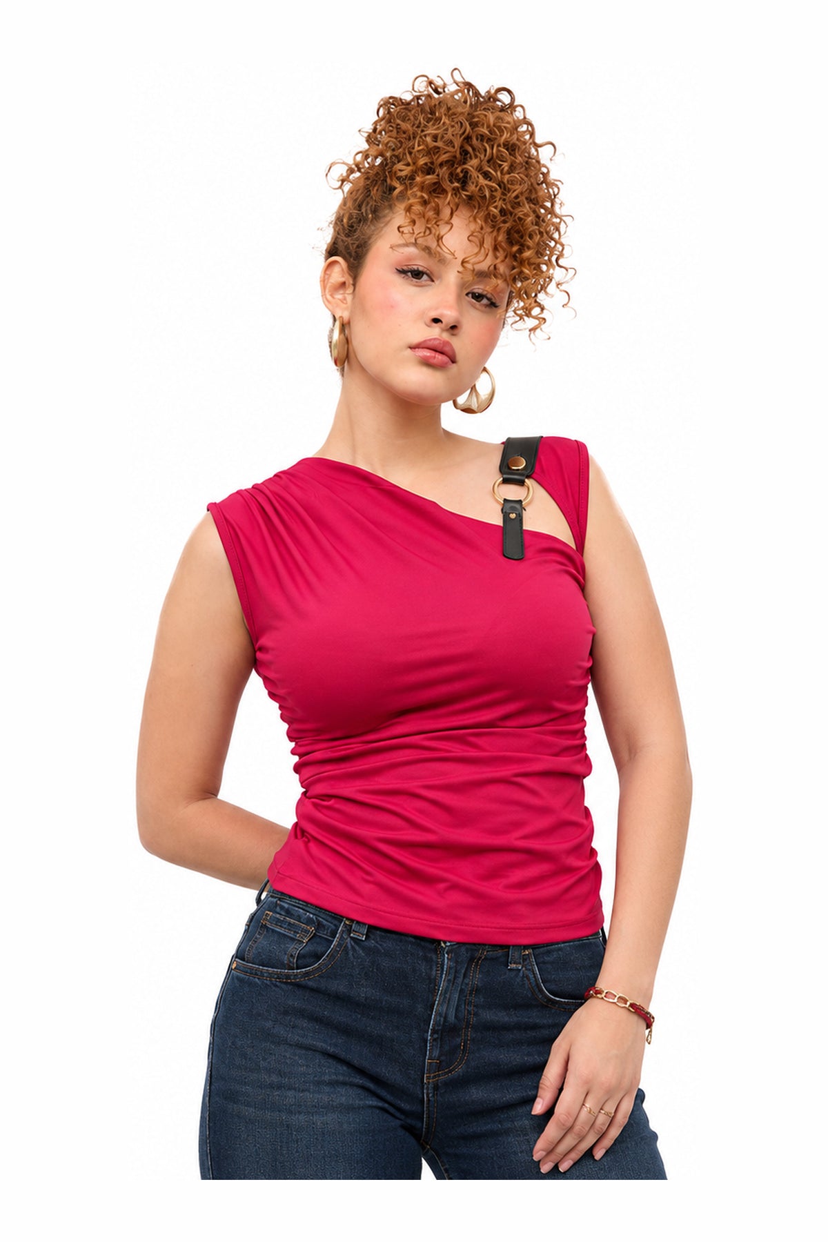 Red statement buckle top — wujud