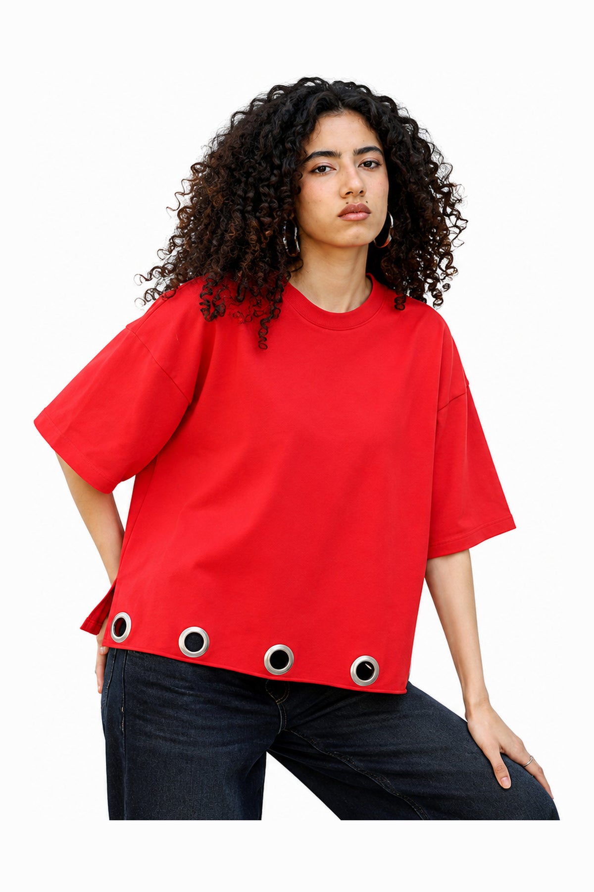 Ring detail oversized top – red — wujud