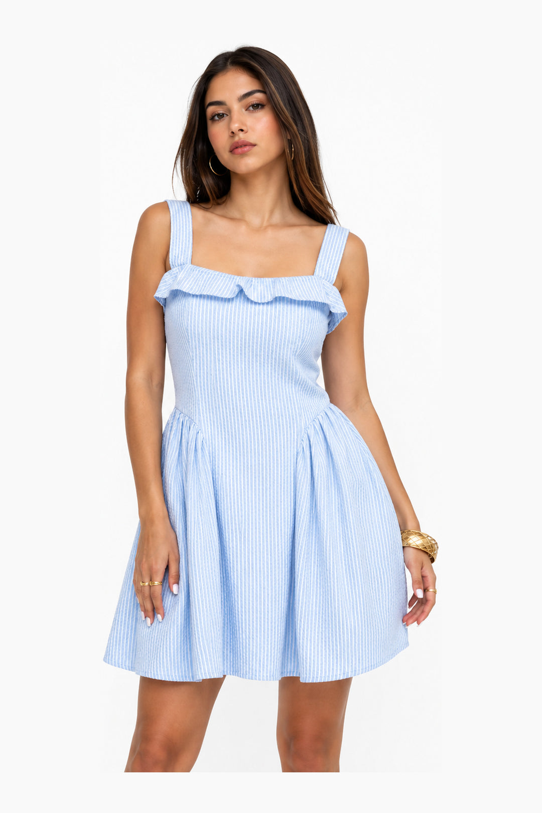 Ruched Mini Summer Dress in Baby Blue — Wujud