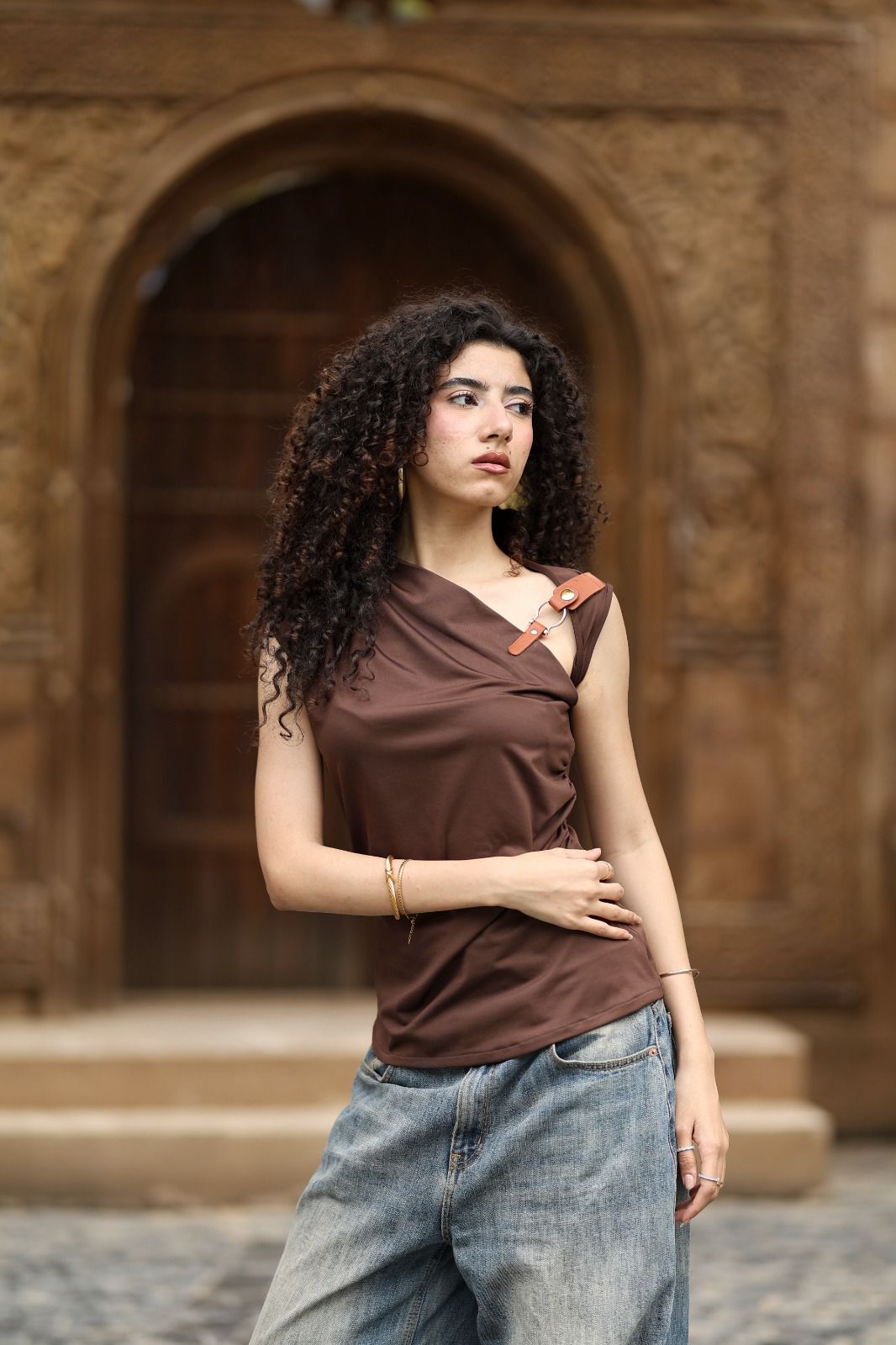 Brown Statement Buckle Top — Wujud