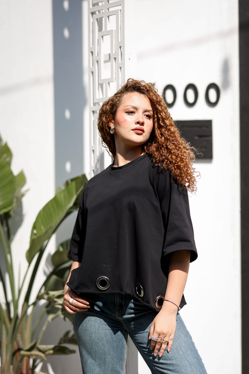 Ring Detail Oversized Top - Black