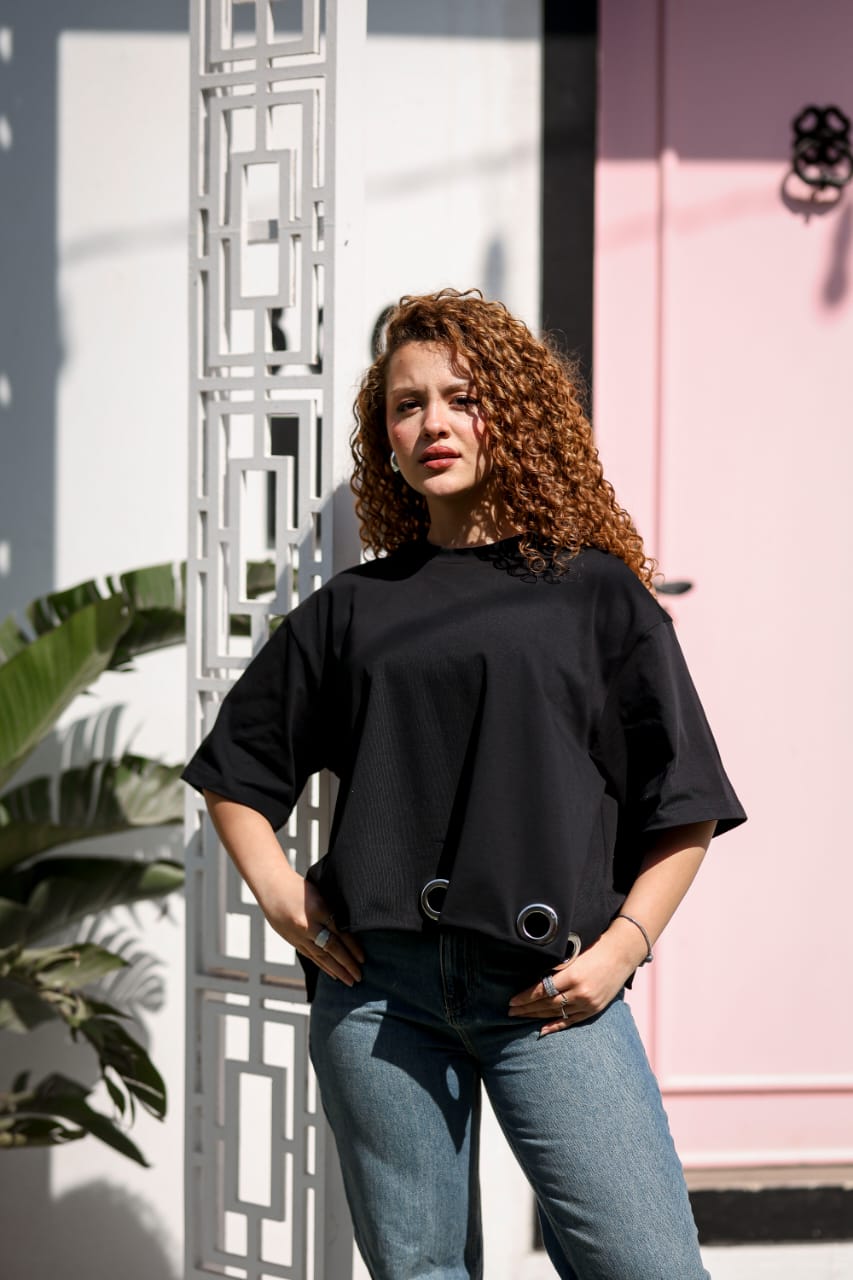 Ring Detail Oversized Top - Black