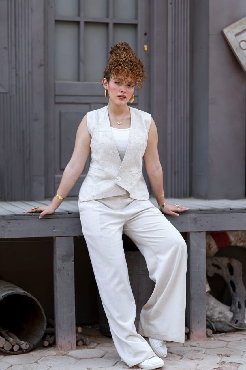 Tailored linen set – beige x light blue