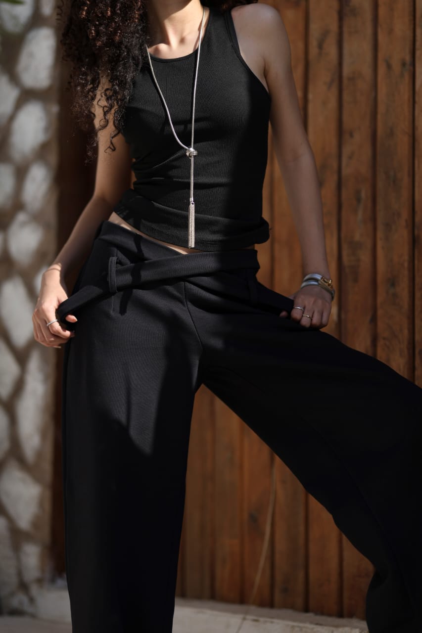 Wrap Waist Wide-Leg Pants – Black