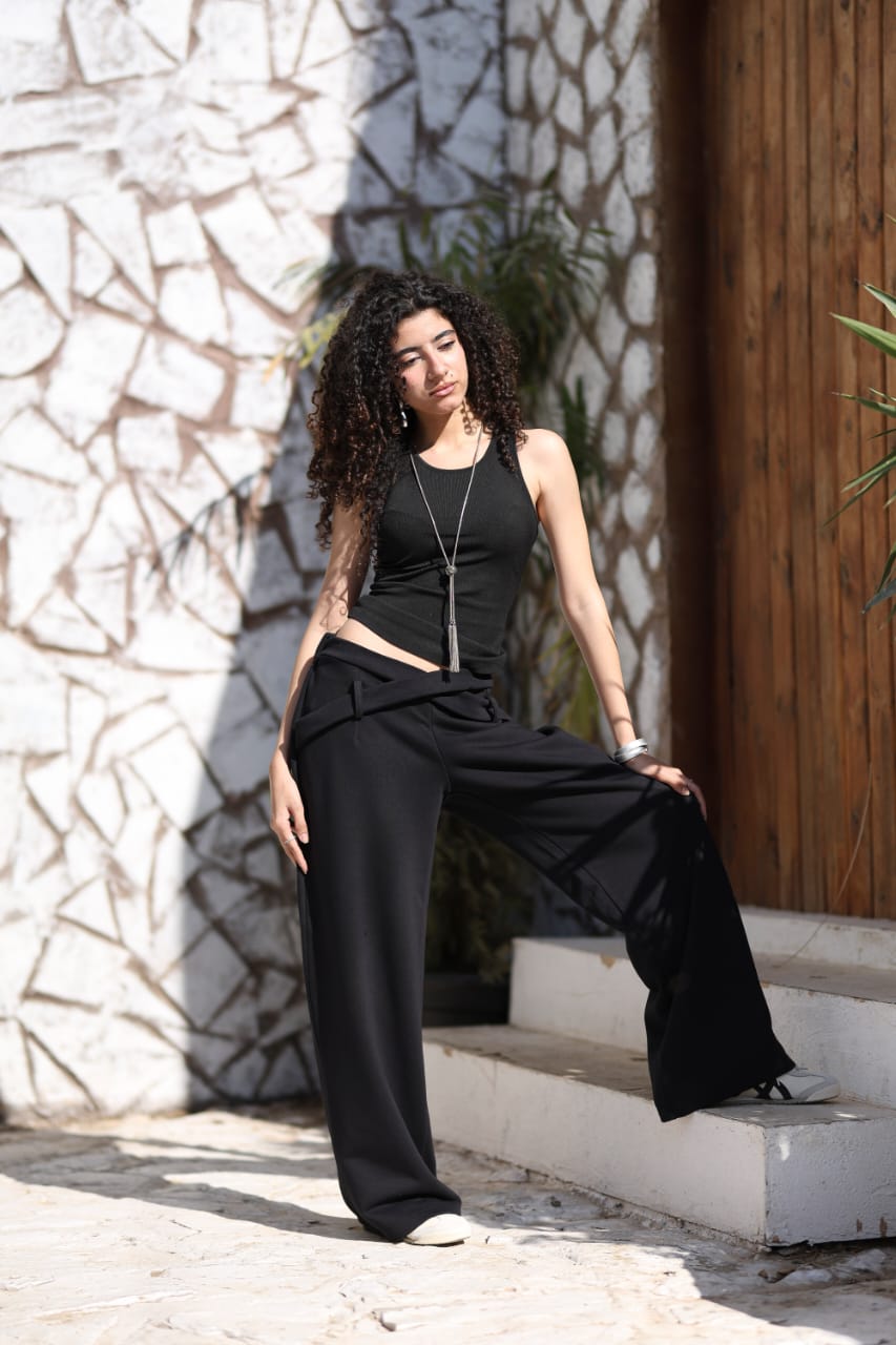 Wrap Waist Wide-Leg Pants – Black