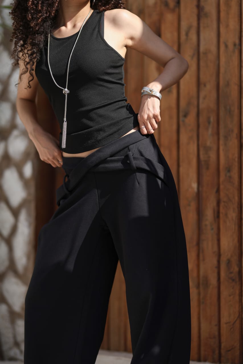 Wrap Waist Wide-Leg Pants – Black