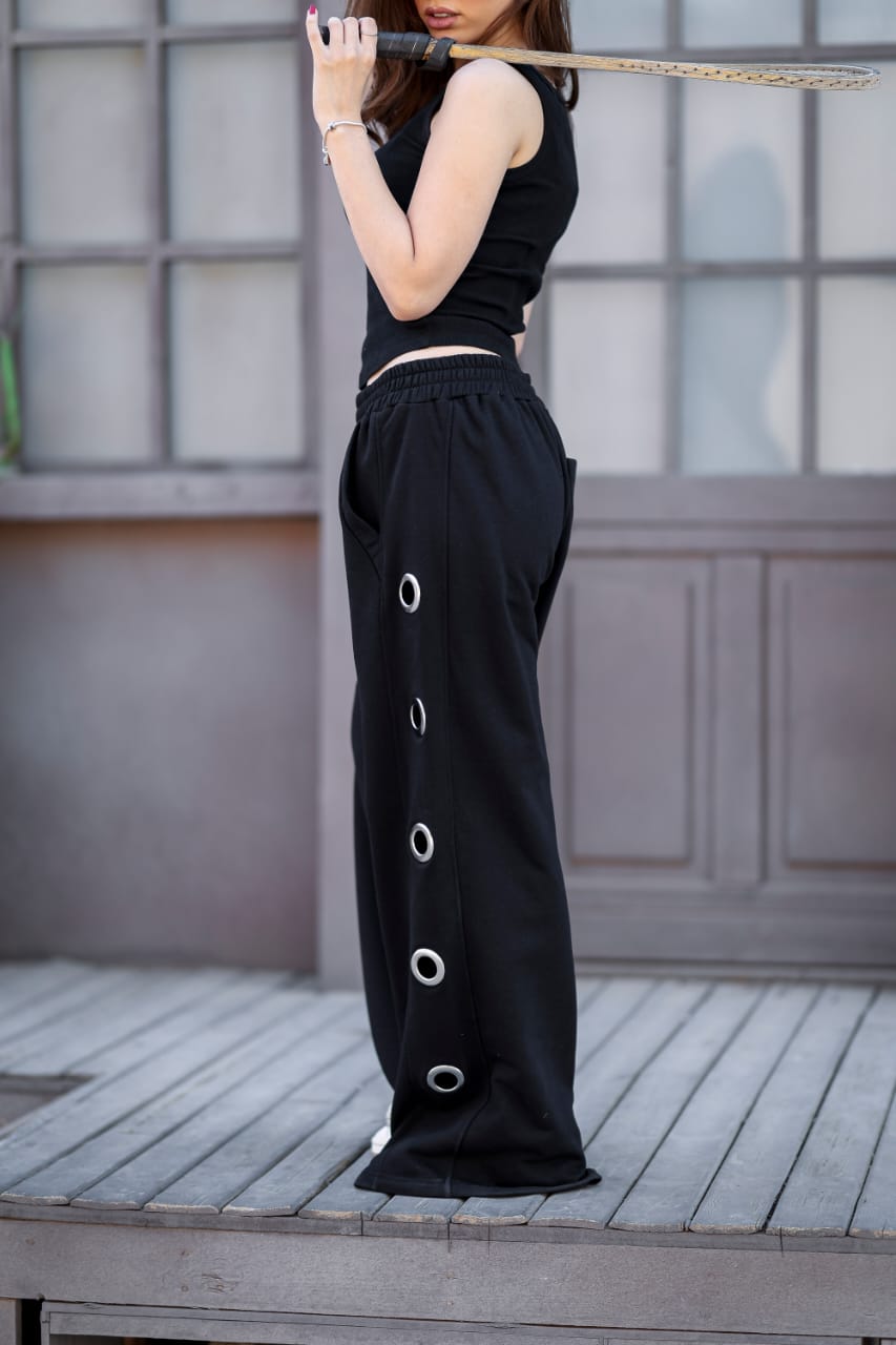 Side detail wide leg pants – black