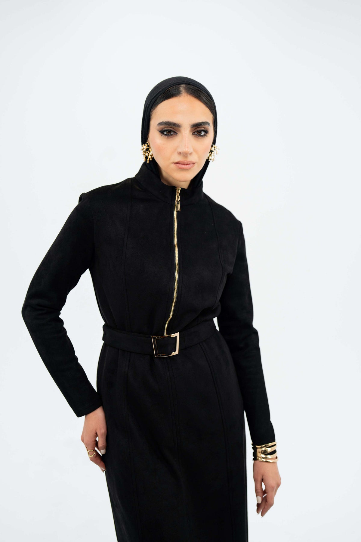 Belted zip dress in black