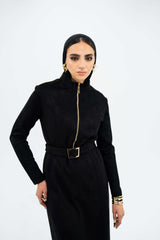 Belted Zip Dress in Black
