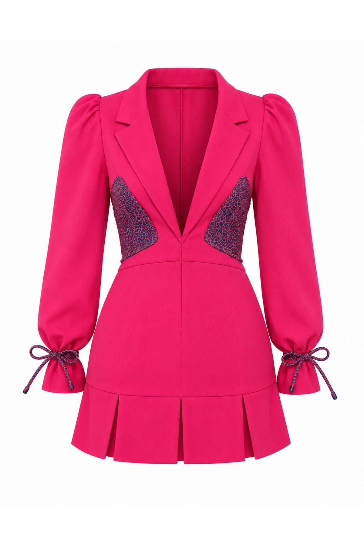 Papillon blazer dress in fuchsia with printed satin panels — wujud