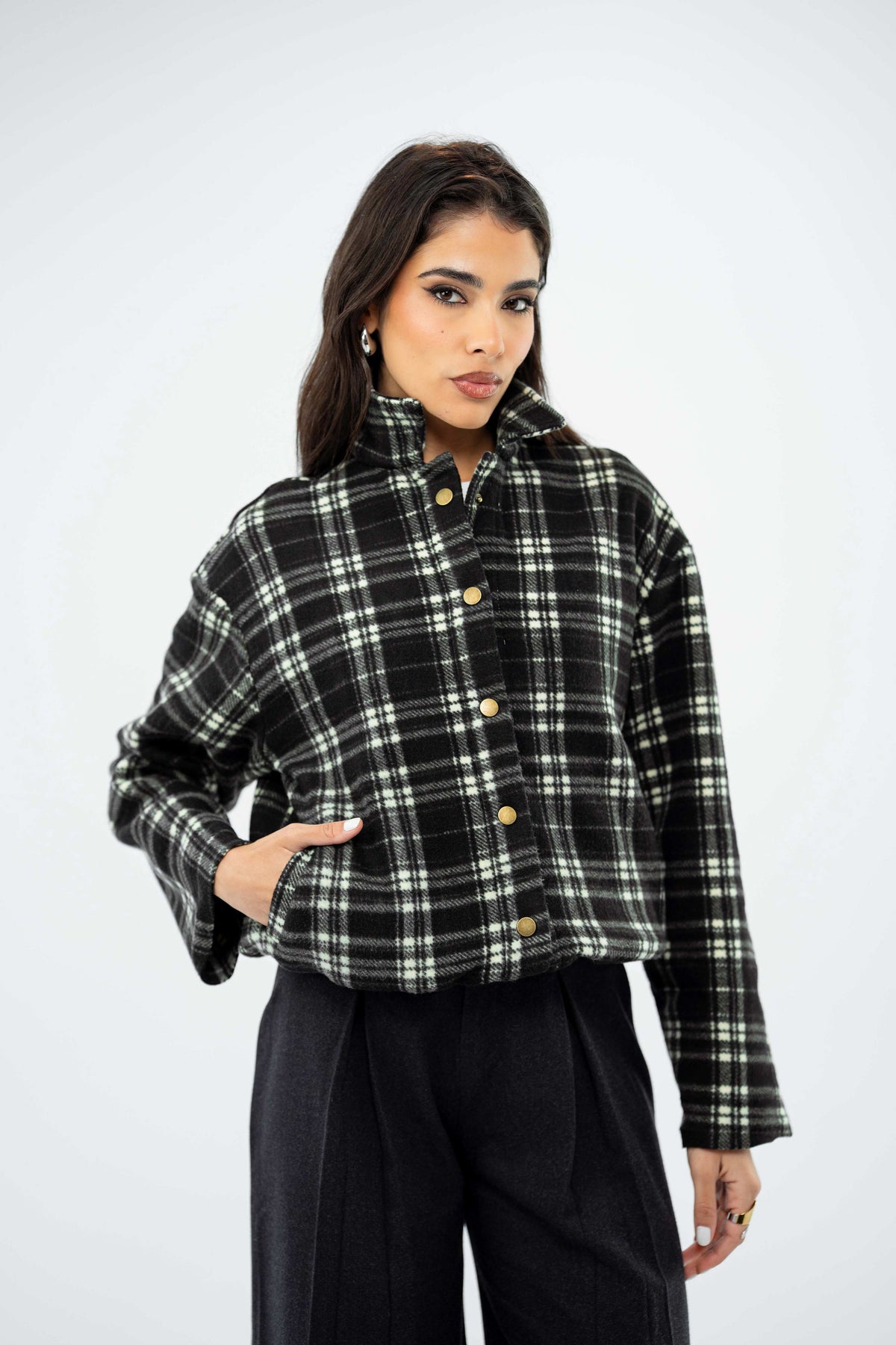 Plaid button up jacket – black & white
