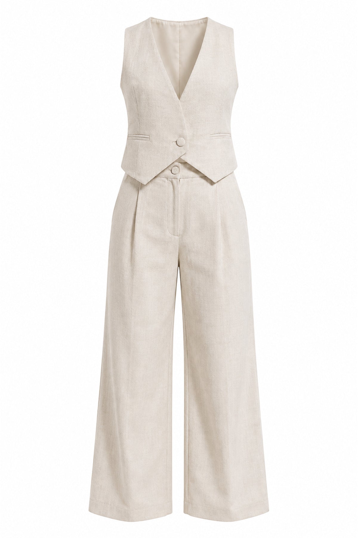 Tailored linen vest and wide leg trousers set in beige — wujud