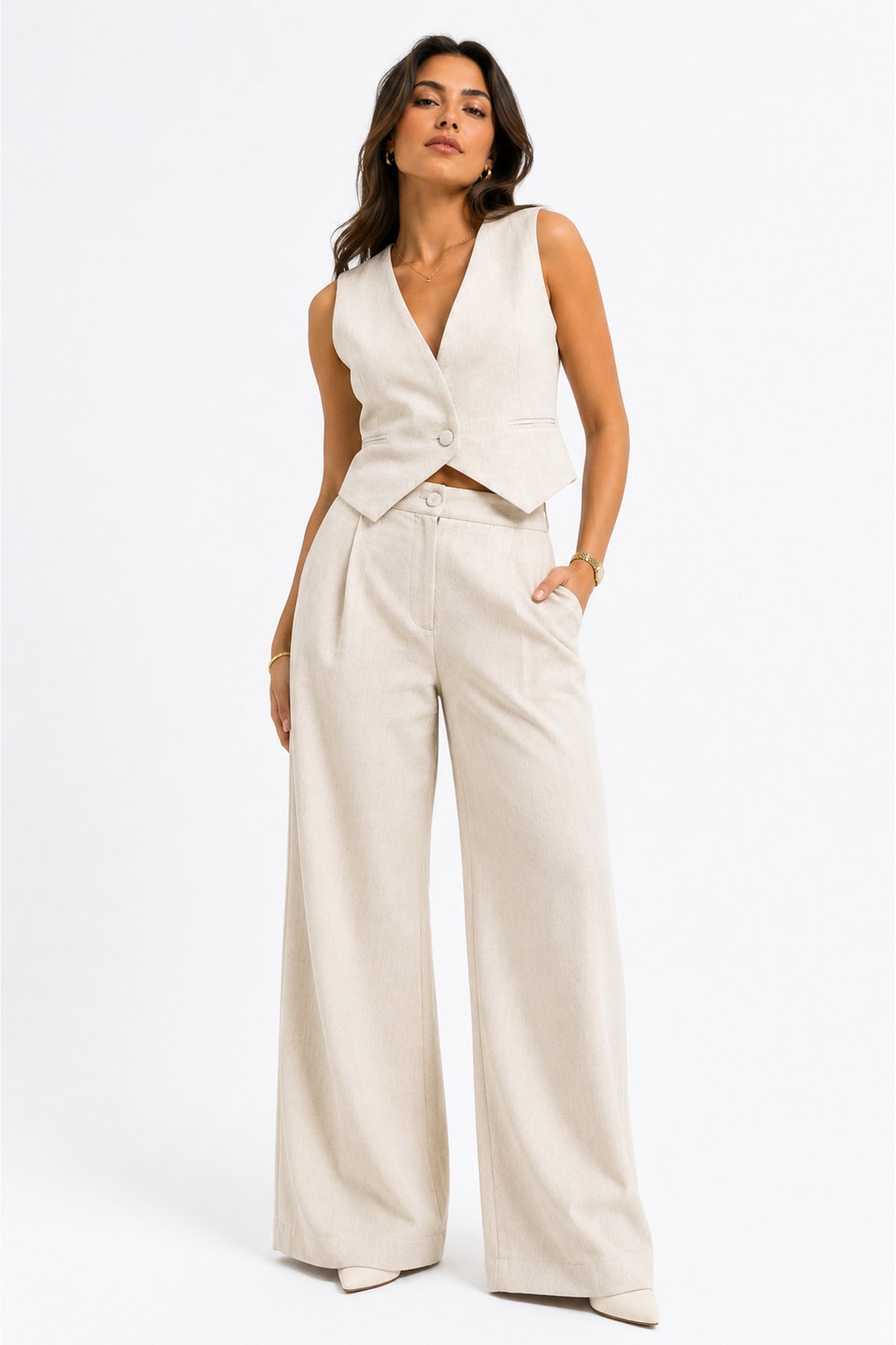 Tailored linen set in beige worn on model — wujud