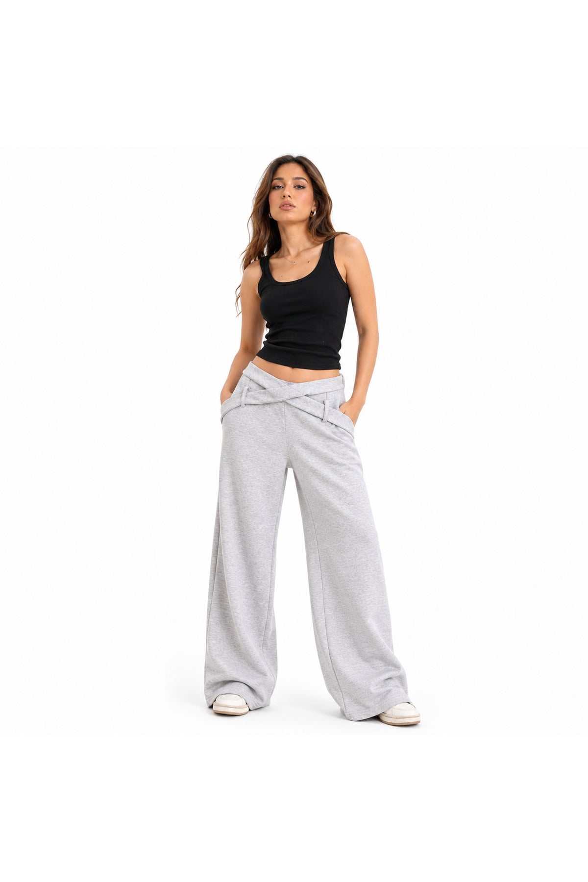 Wrap waist wide leg pants in gray worn on model — wujud